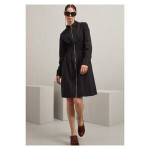 SPORTMAX MaxMara Poplin Smocked Waist‎ Zip Front Shirtdress 2 Black